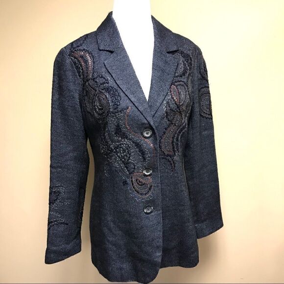 👠Coldwater Creek embroidered navy jacket.   Size 4 - Picture 1 of 8